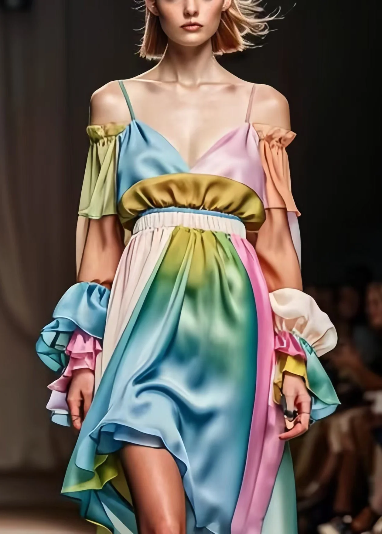 Italian Colorblock Cinched Patchwork Silk Cami Dress Lantern Sleeve - Image 2