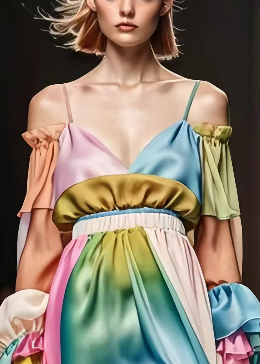 Italian Colorblock Cinched Patchwork Silk Cami Dress Lantern Sleeve - Image 3