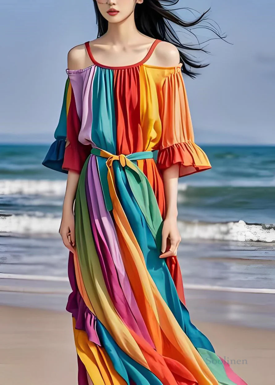 Italian Colorblock Cold Shoulder Ruffled Patchwork Chiffon Dress Summer - Image 2
