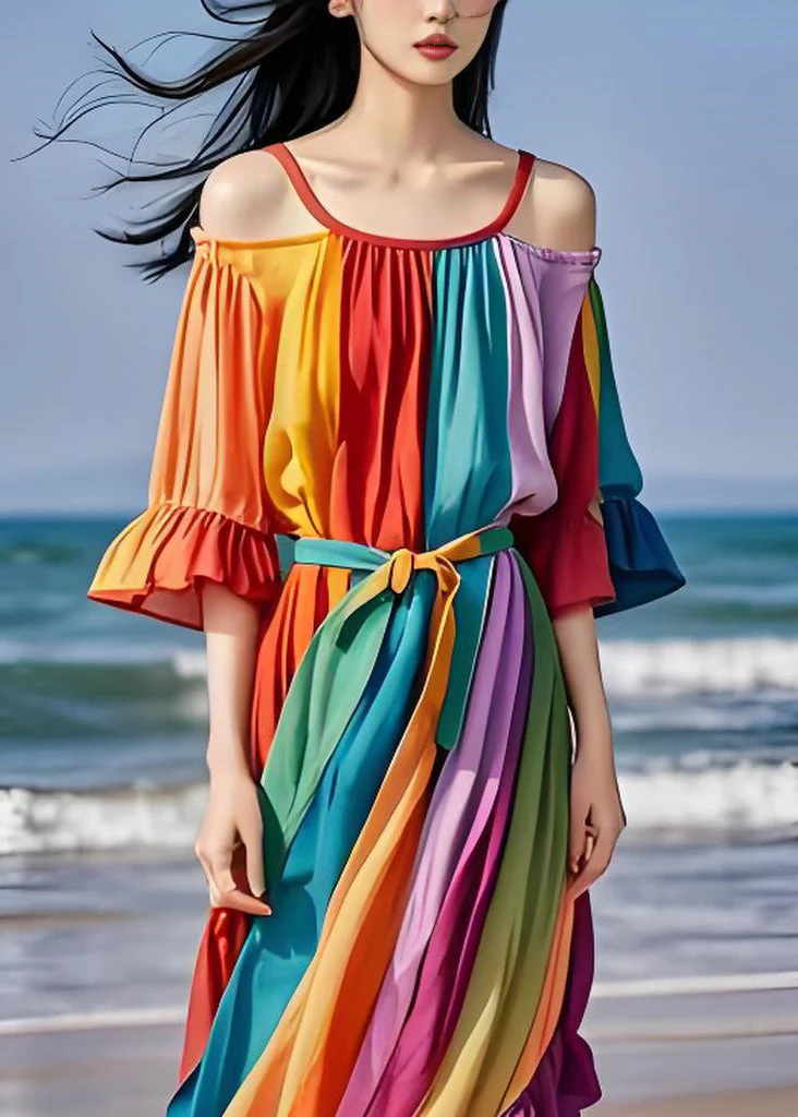 Italian Colorblock Cold Shoulder Ruffled Patchwork Chiffon Dress Summer - Image 3