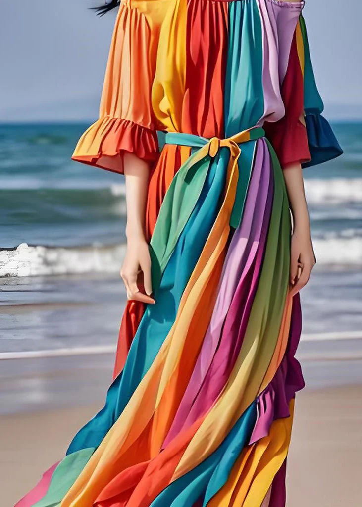 Italian Colorblock Cold Shoulder Ruffled Patchwork Chiffon Dress Summer - Image 5