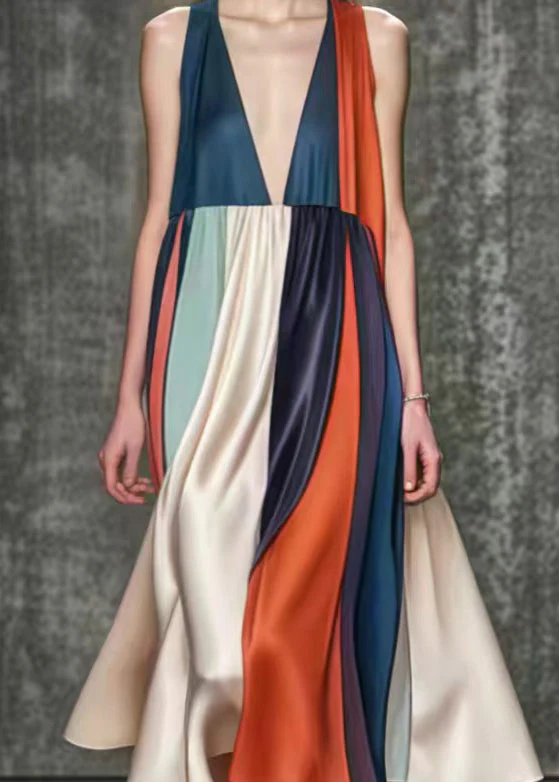 Italian Colorblock Deep-V Neck Exra Large Hem Silk Holiday Dress Summer - Image 3