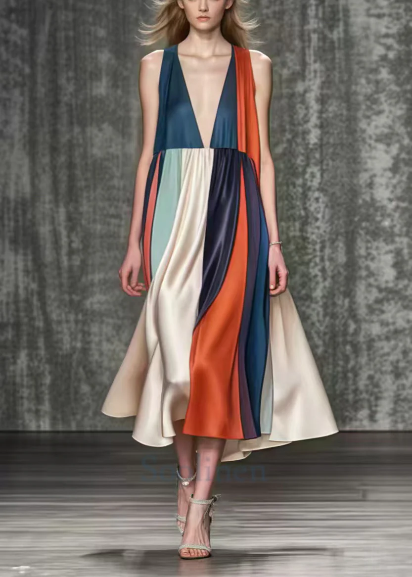 Italian Colorblock Deep-V Neck Exra Large Hem Silk Holiday Dress Summer - Image 5