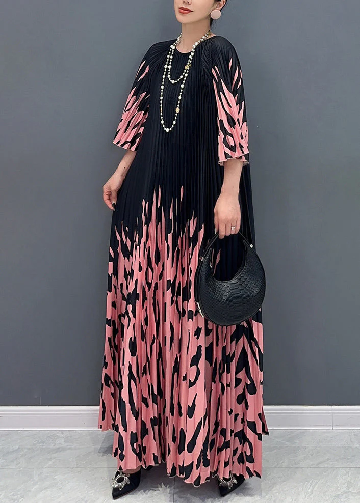 Italian Colorblock O-Neck Cinched Print Long Dresses Bracelet Sleeve - Image 2