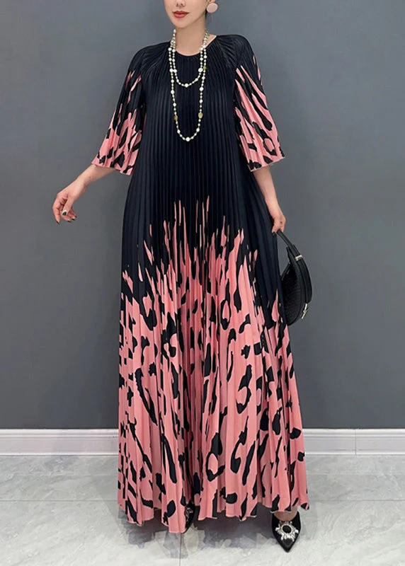 Italian Colorblock O-Neck Cinched Print Long Dresses Bracelet Sleeve - Image 3