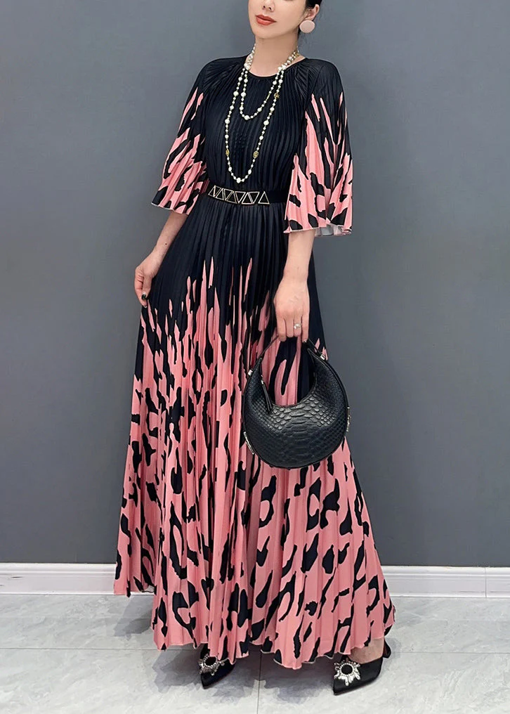 Italian Colorblock O-Neck Cinched Print Long Dresses Bracelet Sleeve - Image 4