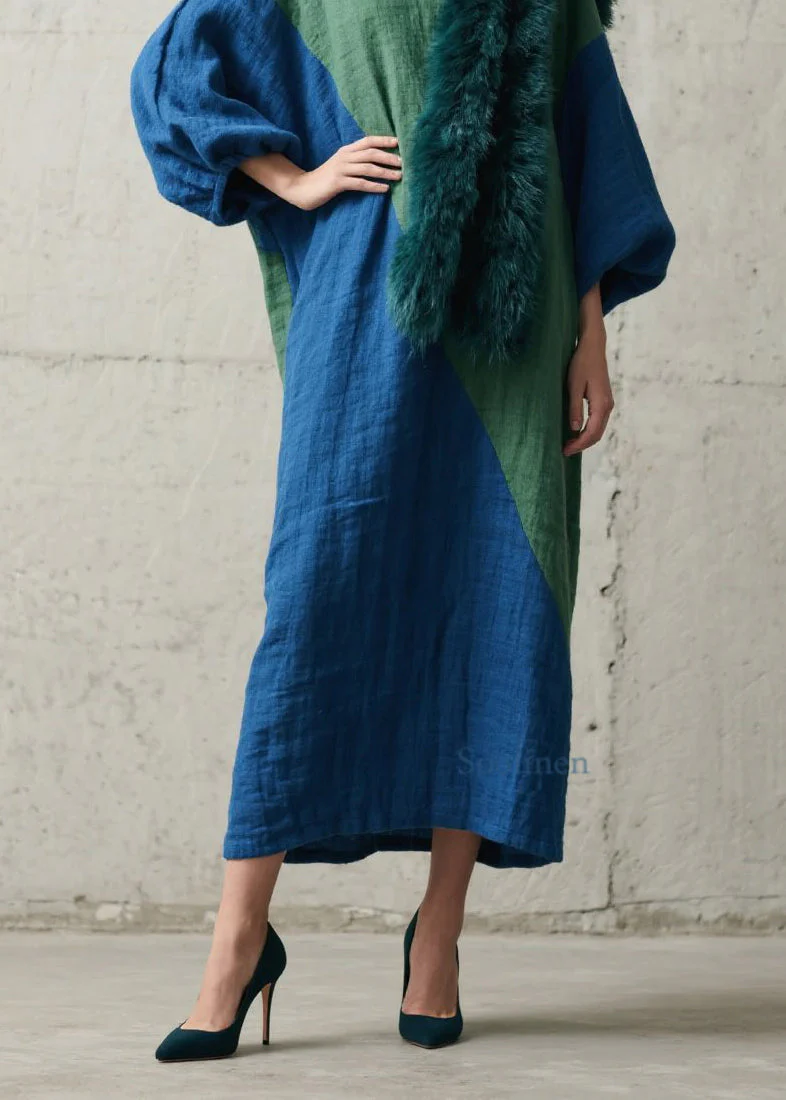 Italian Colorblock Patchwork Cotton Long Dresses Fall - Image 4