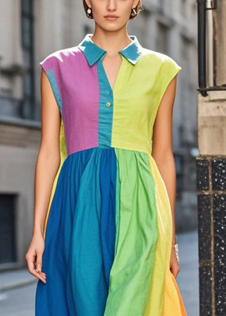 Italian Colorblock Peter Pan Collar Patchwork Exra Large Hem Cotton Long Dresses Summer - Image 2