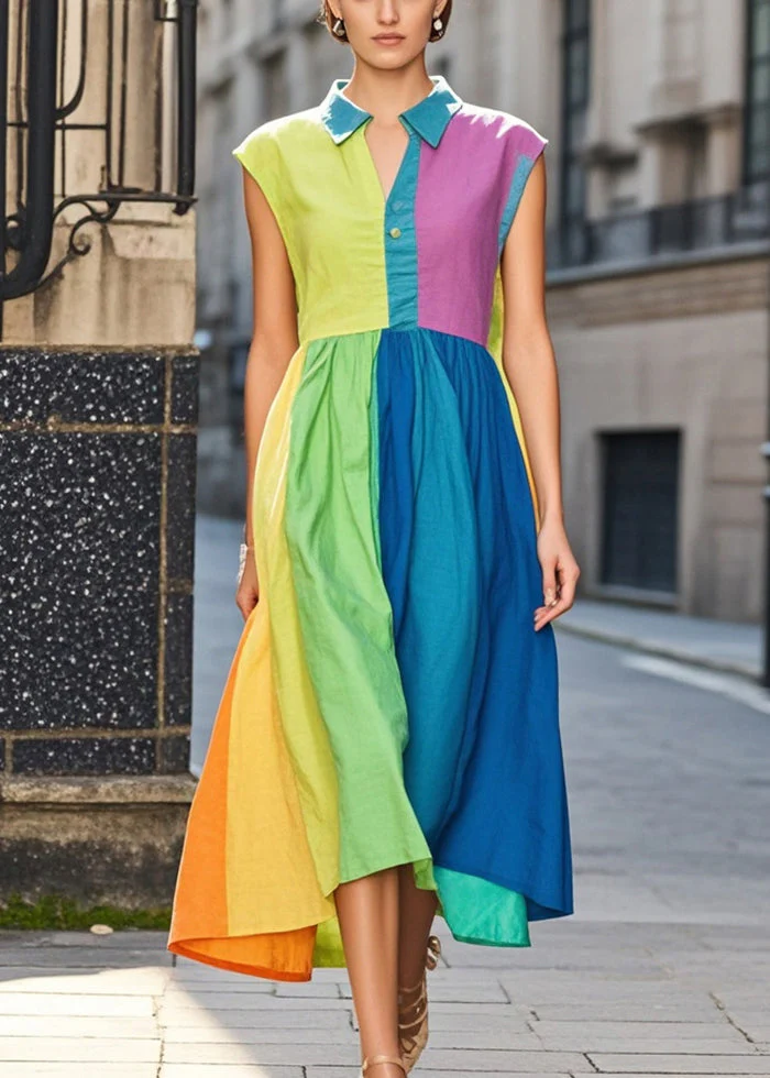 Italian Colorblock Peter Pan Collar Patchwork Exra Large Hem Cotton Long Dresses Summer - Image 3
