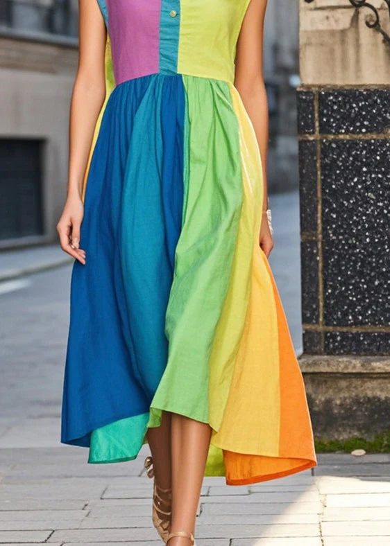 Italian Colorblock Peter Pan Collar Patchwork Exra Large Hem Cotton Long Dresses Summer - Image 4