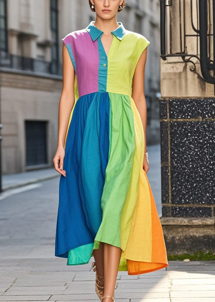 Italian Colorblock Peter Pan Collar Patchwork Exra Large Hem Cotton Long Dresses Summer - Image 5