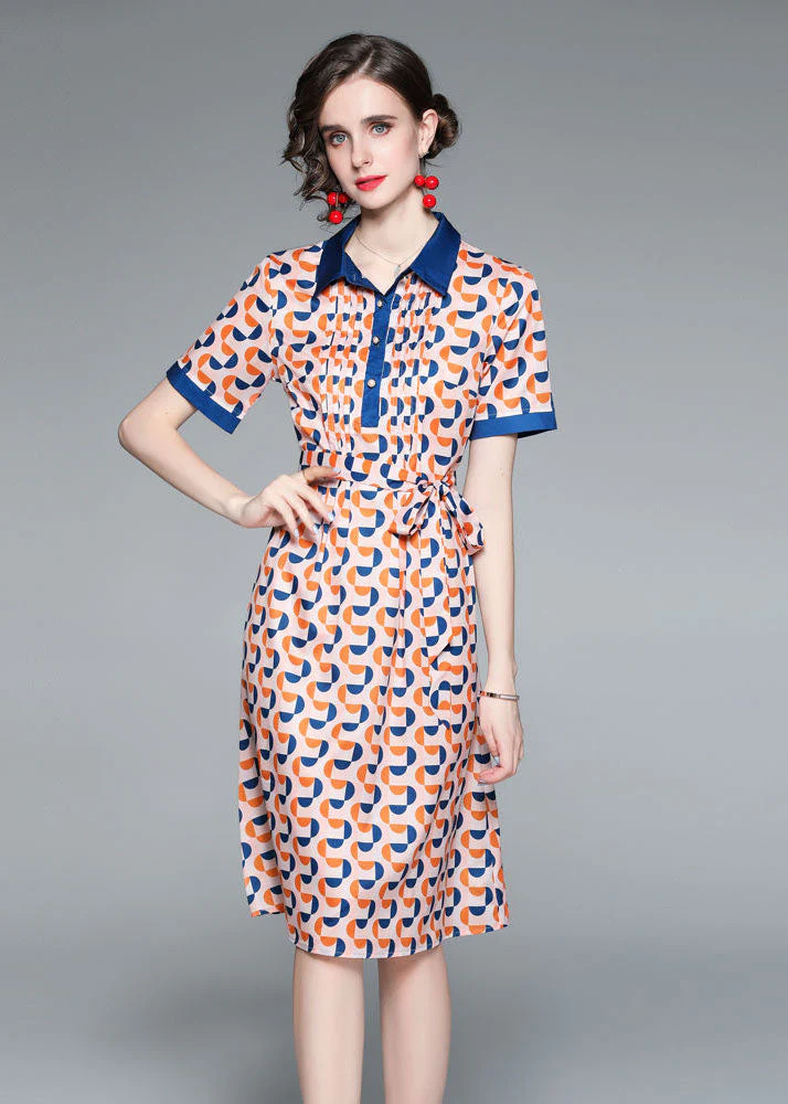 Italian Colorblock Peter Pan Collar Patchwork Print Tie Waist Silk Cinch Dress Short Sleeve - Image 2