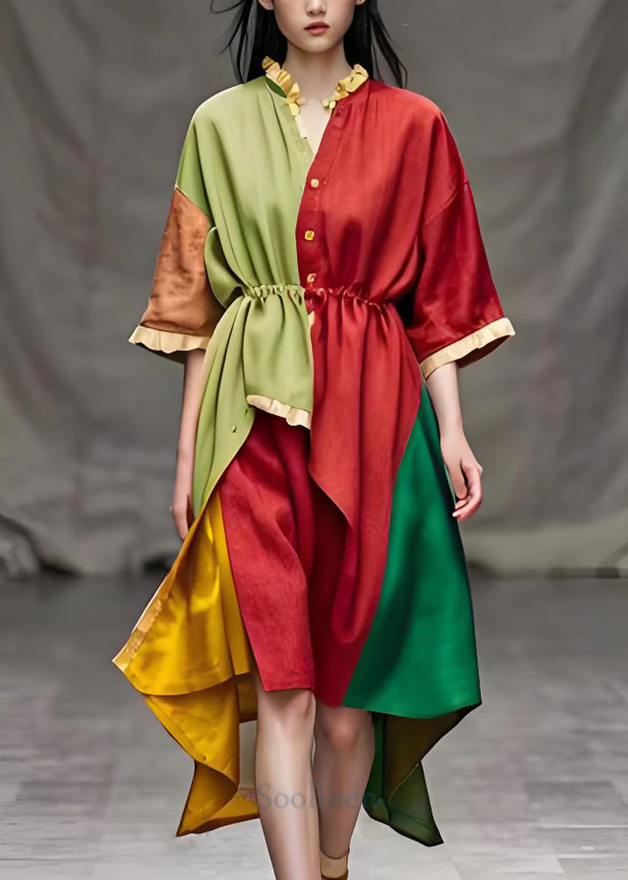Italian Colorblock Ruffled Patchwork Low High Design Cotton Dresses Summer - Image 2