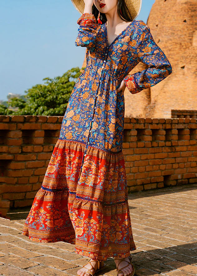 Italian Colorblock Ruffled Print Patchwork Cotton Shirts Long Dress Fall - Image 2