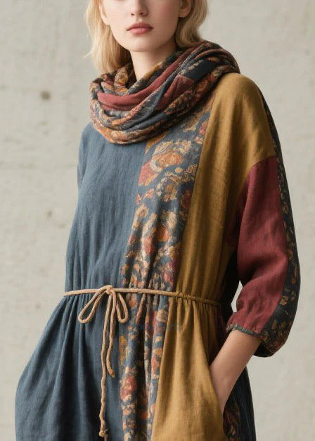 Italian Colorblock Tie Waist Print Cotton Maxi Dresses Fall - Image 2
