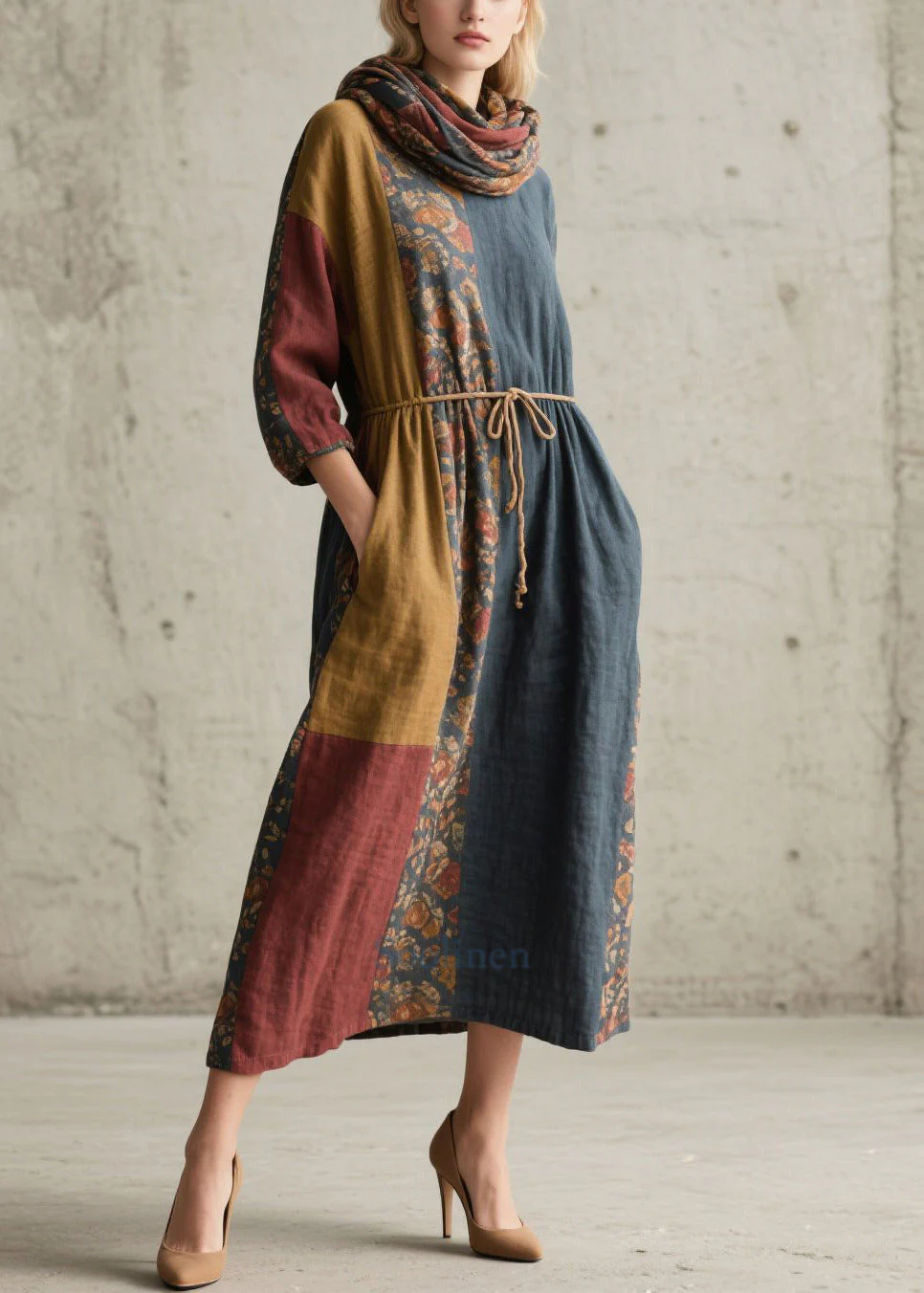 Italian Colorblock Tie Waist Print Cotton Maxi Dresses Fall - Image 3