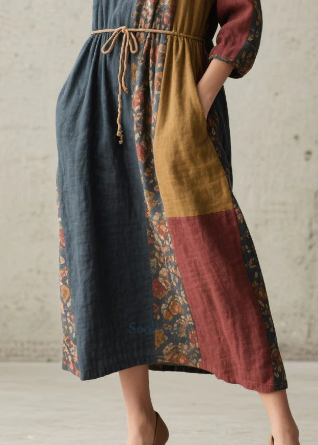 Italian Colorblock Tie Waist Print Cotton Maxi Dresses Fall - Image 4