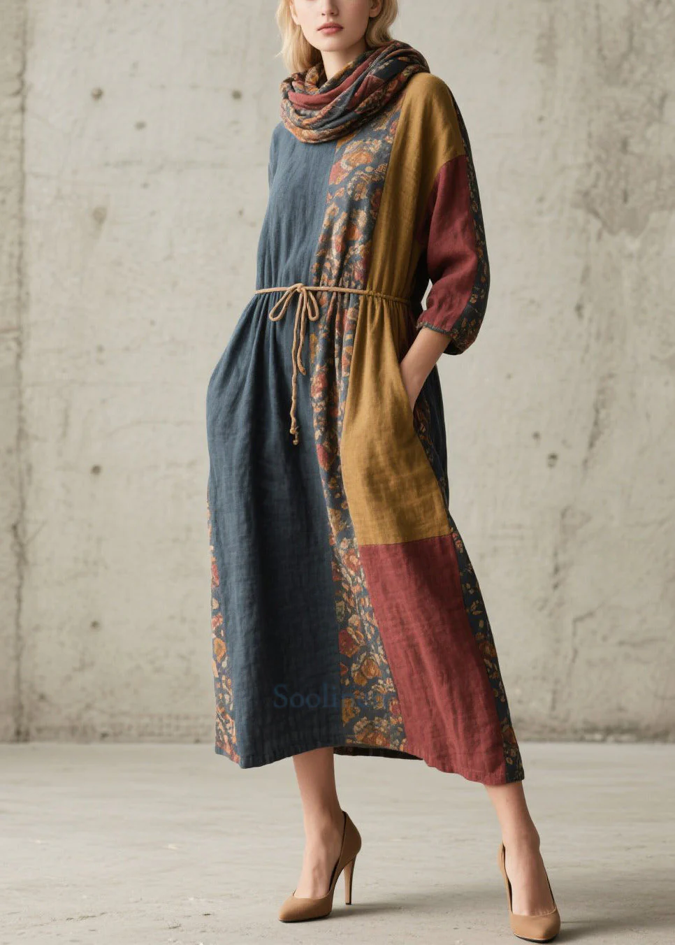 Italian Colorblock Tie Waist Print Cotton Maxi Dresses Fall - Image 5