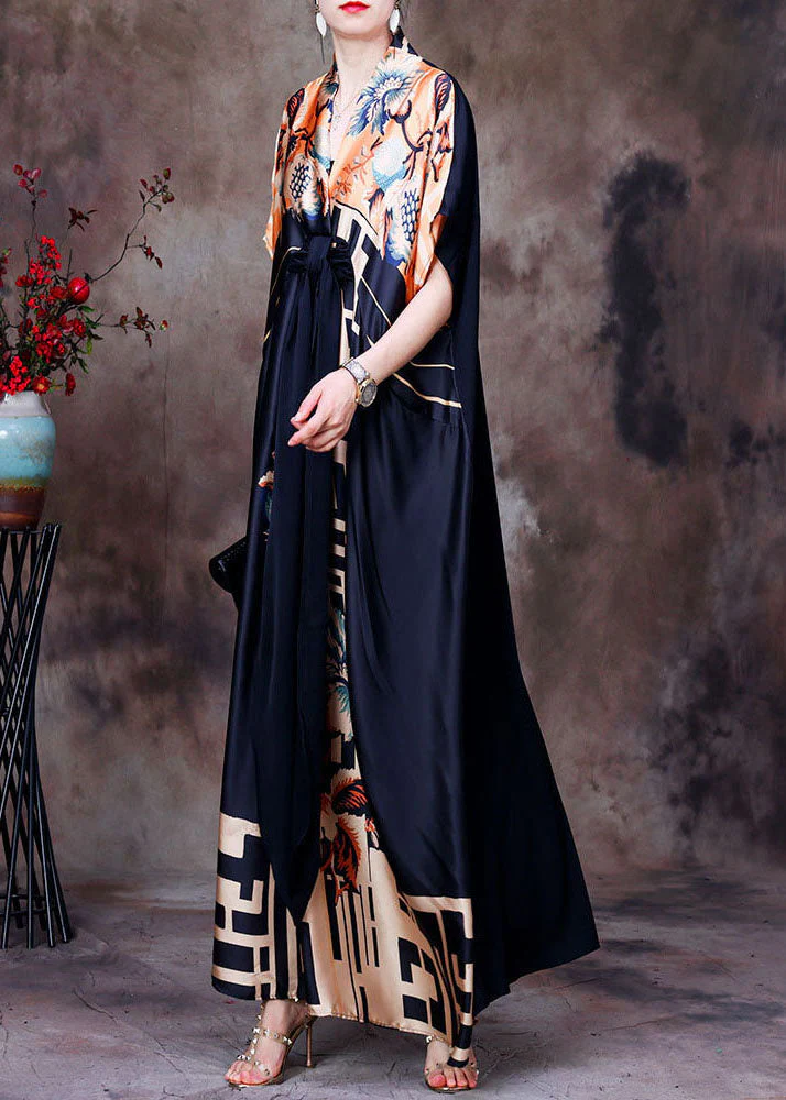 Italian Colorblock V Neck Asymmetrical Design Print Silk Dresses Short Sleeve - Image 2