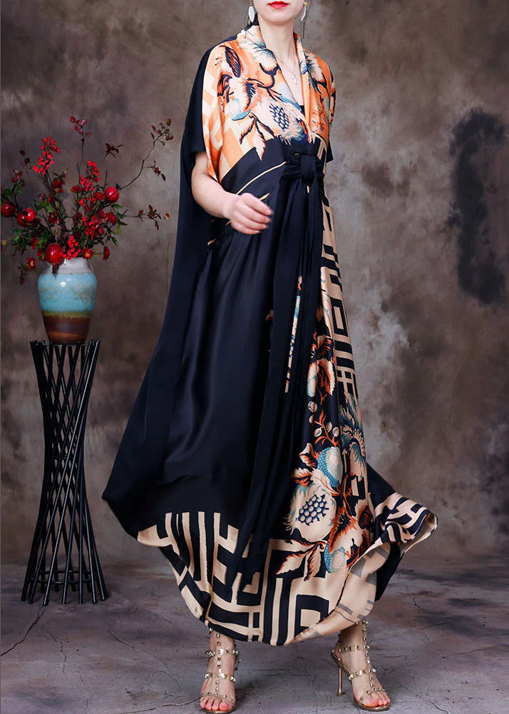 Italian Colorblock V Neck Asymmetrical Design Print Silk Dresses Short Sleeve - Image 3