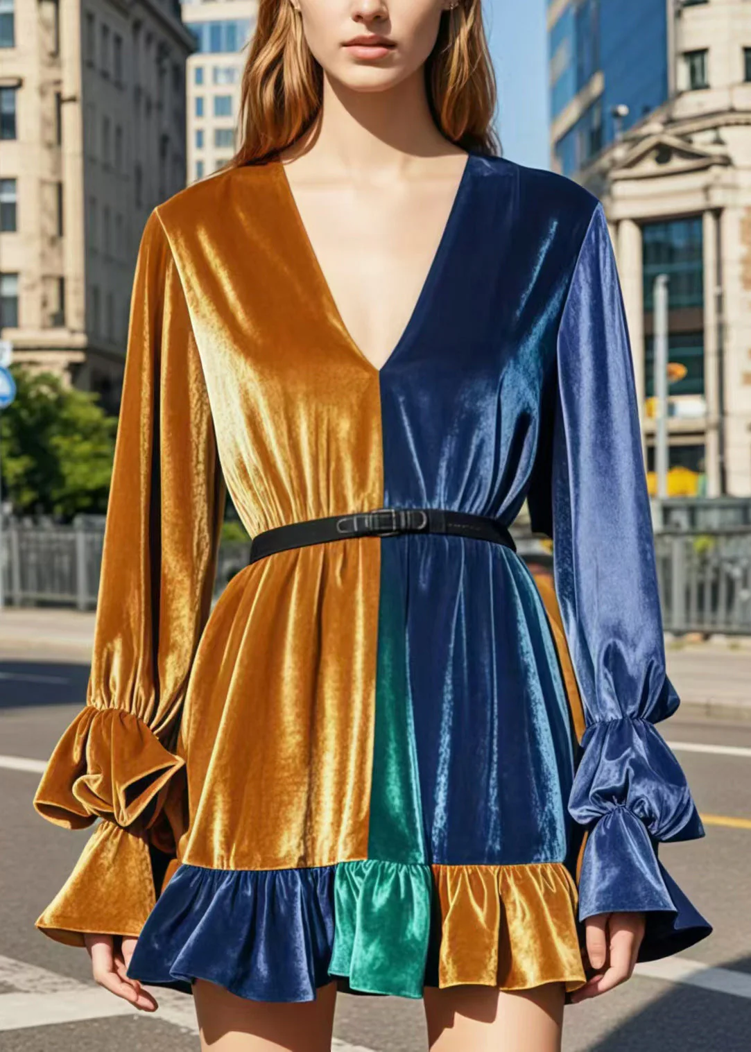Italian Colorblock V Neck Patchwork Ruffled Silk Velvet Mini Dress Spring - Image 5