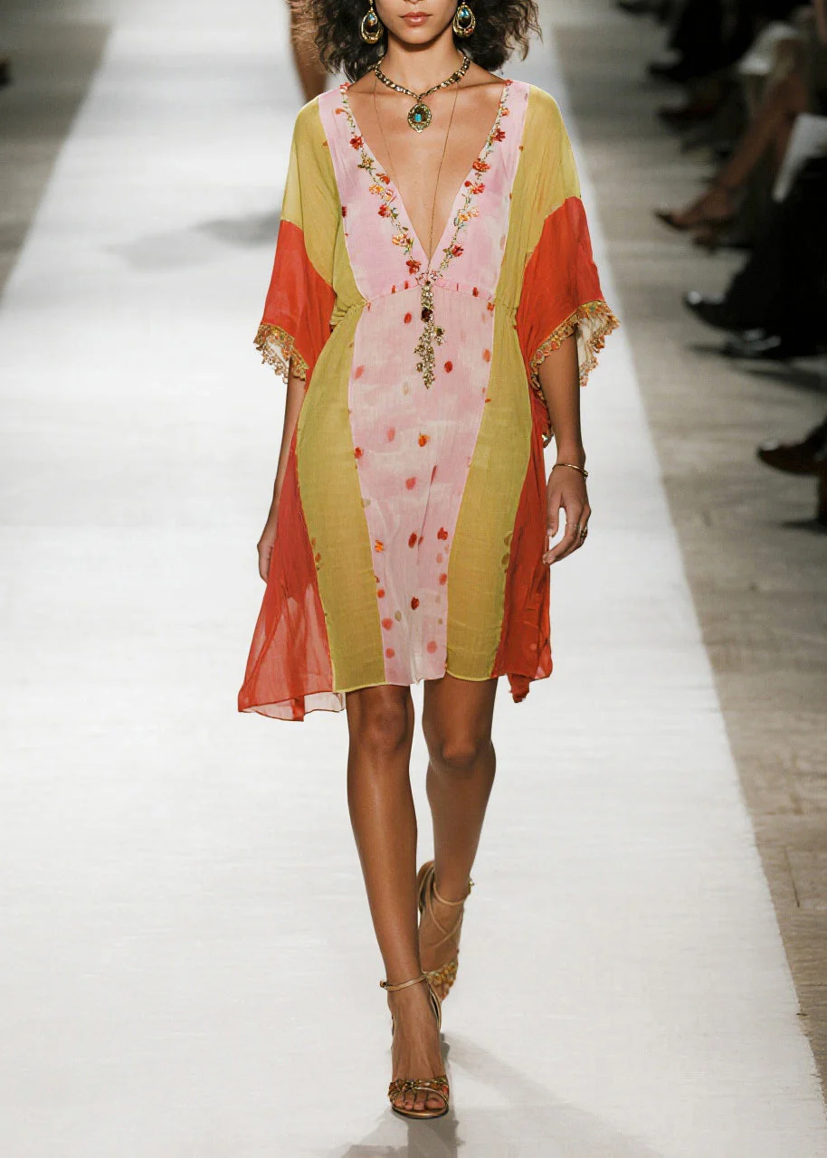 Italian Colorblock V Neck Print Cotton Mini Dresses Half Sleeve - Image 3