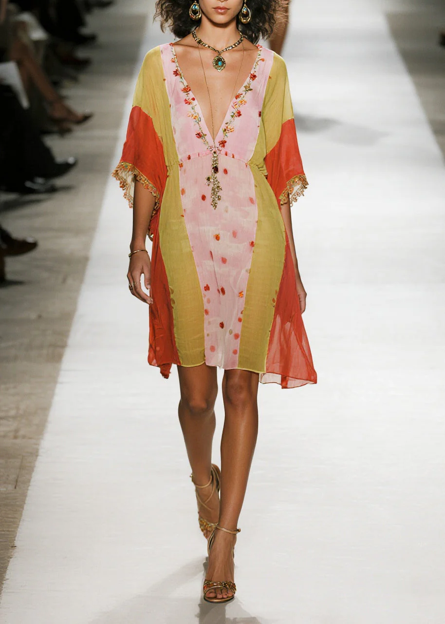 Italian Colorblock V Neck Print Cotton Mini Dresses Half Sleeve - Image 5