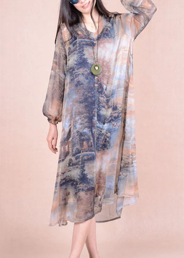 Italian Colorblock V Neck Print Patchwork Silk Dress Summer - Image 2