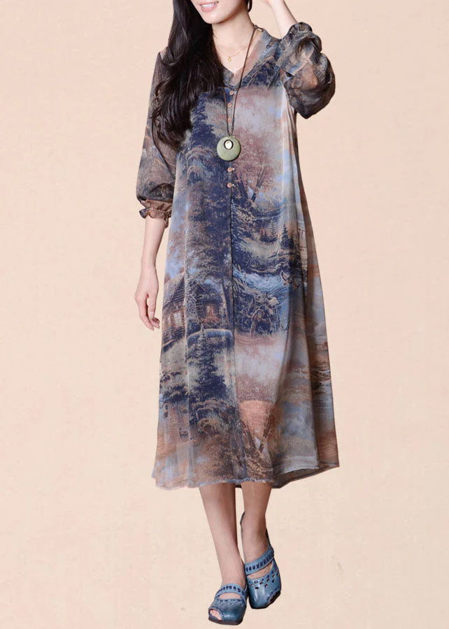 Italian Colorblock V Neck Print Patchwork Silk Dress Summer - Image 3