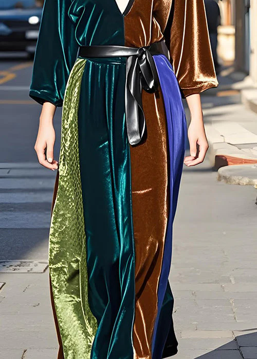 Italian Colorblock V Neck Tie Waist Velvet Long Dresses Fall - Image 4