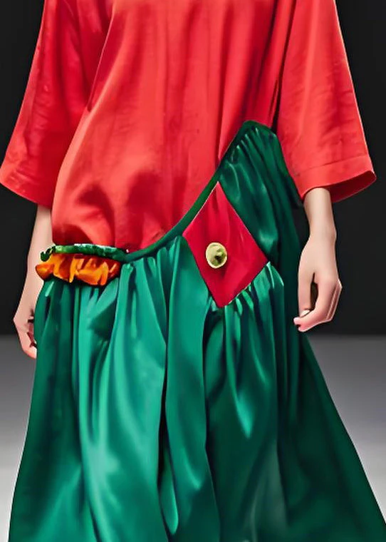 Italian Colorblock V Neck Wrinkled Patchwork Cotton Long Dress Summer - Image 4