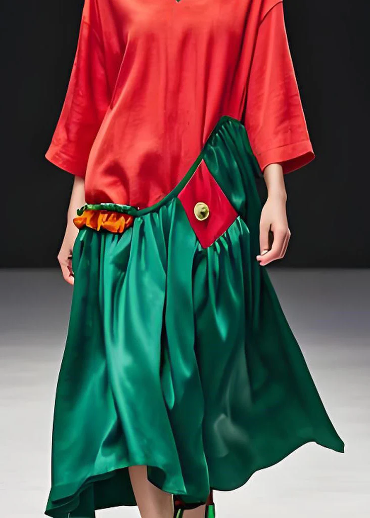 Italian Colorblock V Neck Wrinkled Patchwork Cotton Long Dress Summer - Image 5