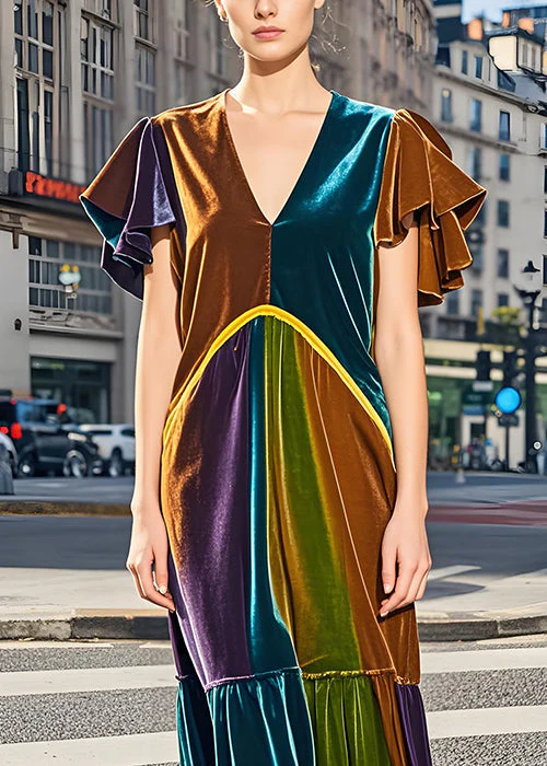 Italian Colorblock V Neck Wrinkled Velvet Dress Butterfly Sleeve - Image 2