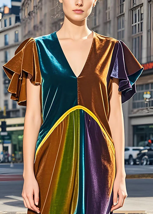 Italian Colorblock V Neck Wrinkled Velvet Dress Butterfly Sleeve - Image 3
