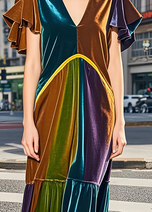 Italian Colorblock V Neck Wrinkled Velvet Dress Butterfly Sleeve - Image 4