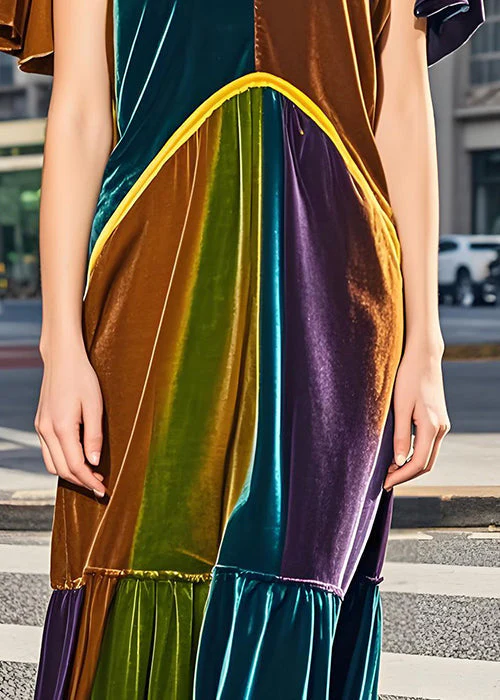 Italian Colorblock V Neck Wrinkled Velvet Dress Butterfly Sleeve - Image 5