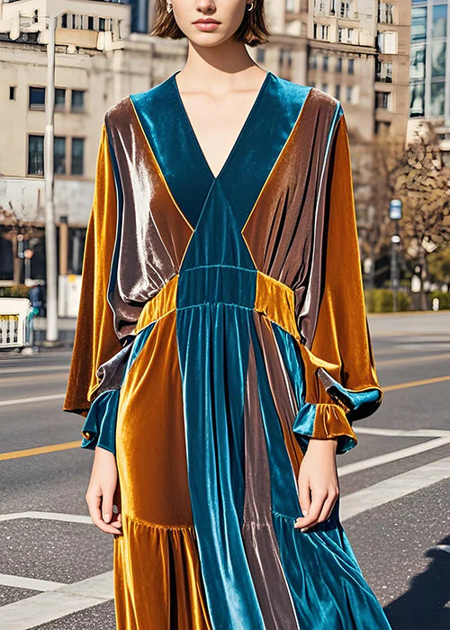 Italian Colorblock V Neck Wrinkled Velvet Long Dress Fall - Image 2