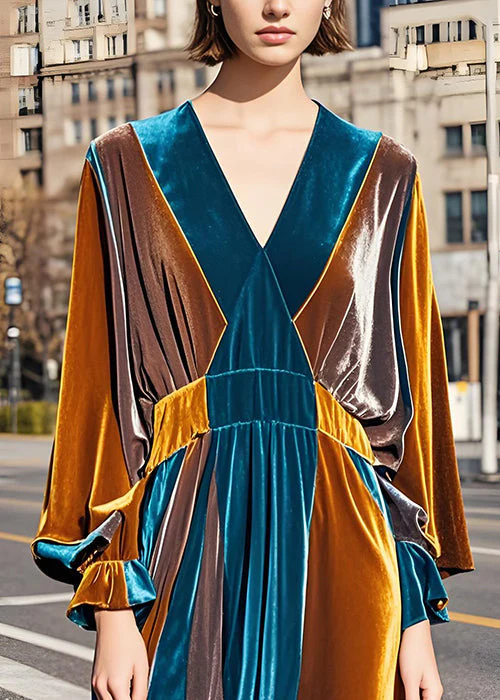 Italian Colorblock V Neck Wrinkled Velvet Long Dress Fall - Image 3