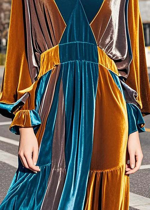 Italian Colorblock V Neck Wrinkled Velvet Long Dress Fall - Image 4