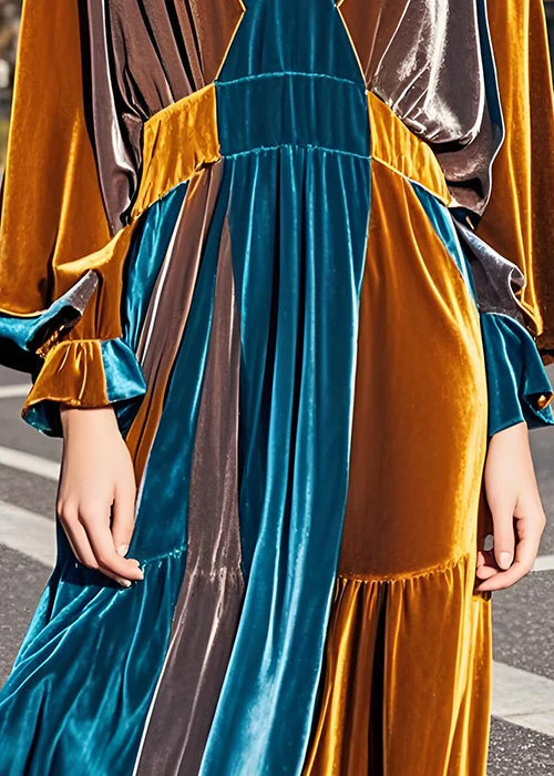 Italian Colorblock V Neck Wrinkled Velvet Long Dress Fall - Image 5