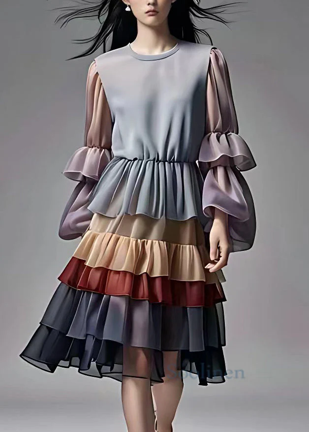 Italian Colorblock Wrinkled Patchwork Chiffon Maxi Dress Long Sleeve - Image 3