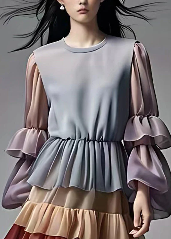 Italian Colorblock Wrinkled Patchwork Chiffon Maxi Dress Long Sleeve - Image 4