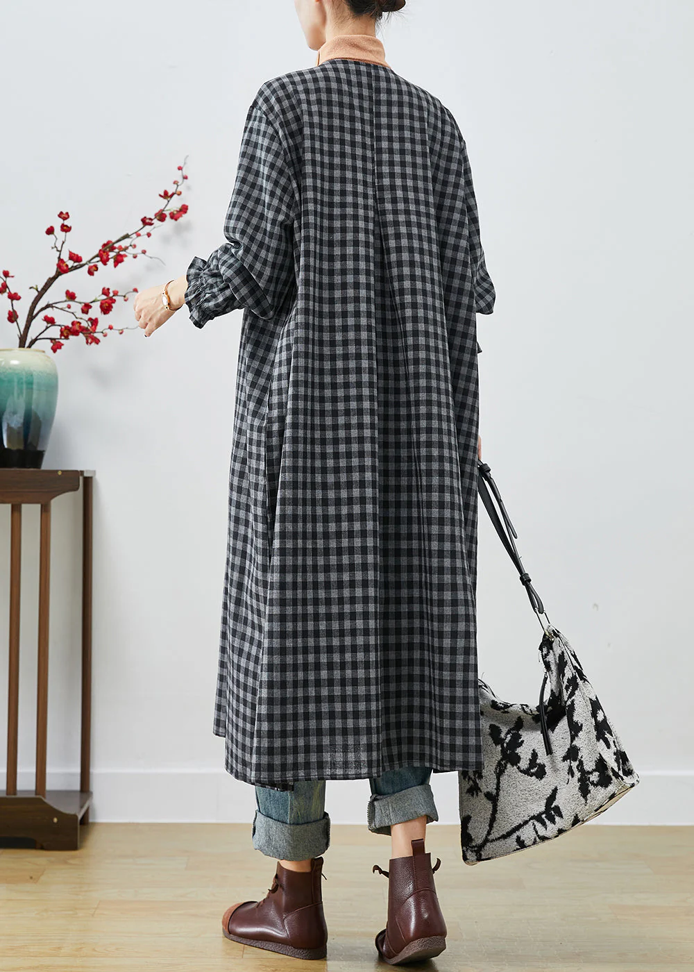 Italian Dark Grey Oversized Plaid Cotton Robe Dresses Fall - Image 4