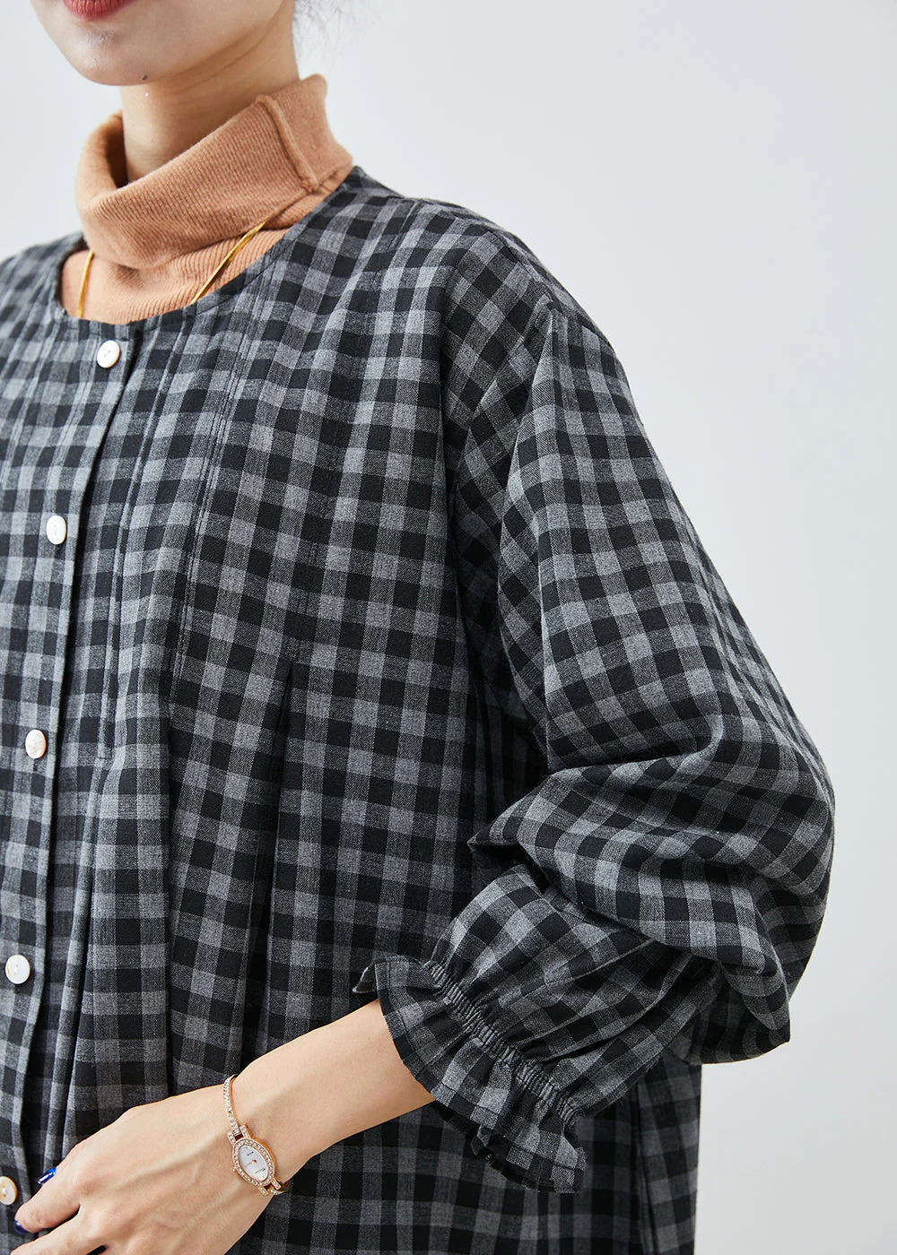 Italian Dark Grey Oversized Plaid Cotton Robe Dresses Fall - Image 5