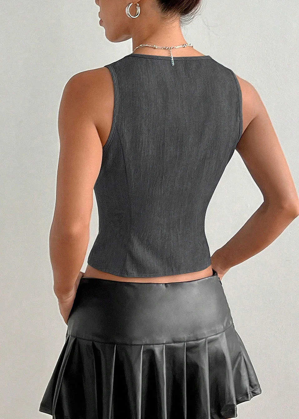 Italian Dark Grey V Neck Lace Up Cotton Top Sleeveless - Image 5