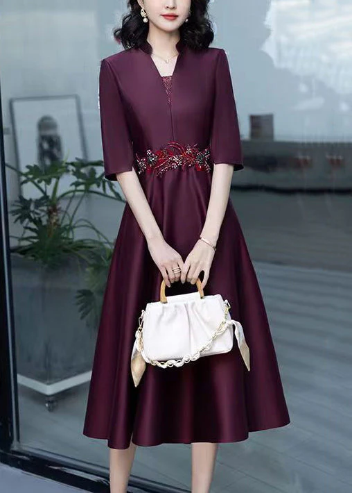 Italian Deep Purple V Neck Zircon Patchwork Silk Dress Half Sleeve - Image 2