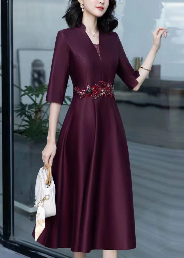 Italian Deep Purple V Neck Zircon Patchwork Silk Dress Half Sleeve - Image 3