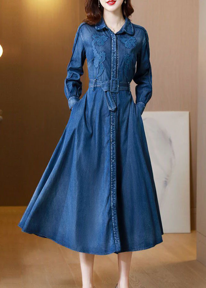 Italian Denim Blue Embroideried Exra Large Hem Cotton Cinched Dress Spring - Image 2