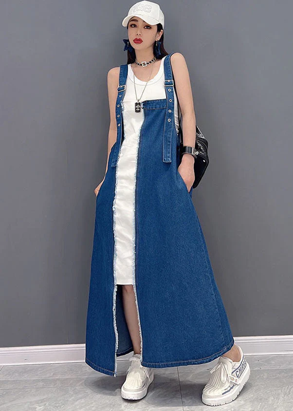 Italian Denim Blue Patchwork Cotton Fake Two Piece Strap Dresses Summer - Image 2