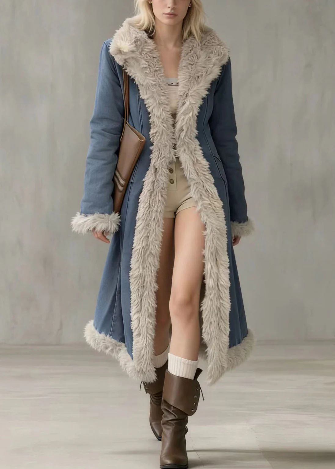 Italian Denim Blue Peter Pan Collar Patchwork Faux Fur Cotton Filled Trench Winter - Image 3